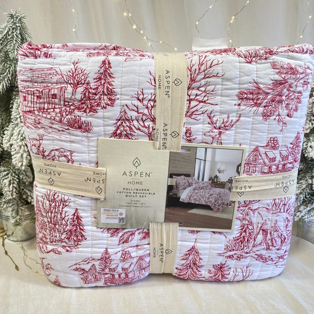 ASPEN Woodland Cabin Holiday Christmas Toile Queen Cotton Quilt & Shams 3pc Set